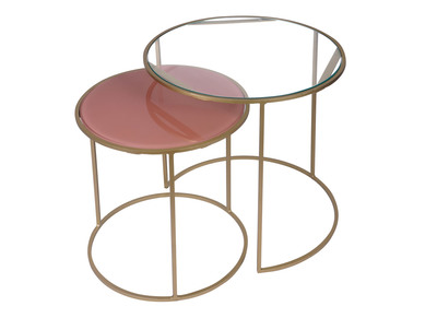 Set de 2 mesas nido auxiliares de cristal tintado rosa y metal dorado JANE - Set de 2 mesas nido auxiliares de cristal tintado rosa y metal dorado JANE